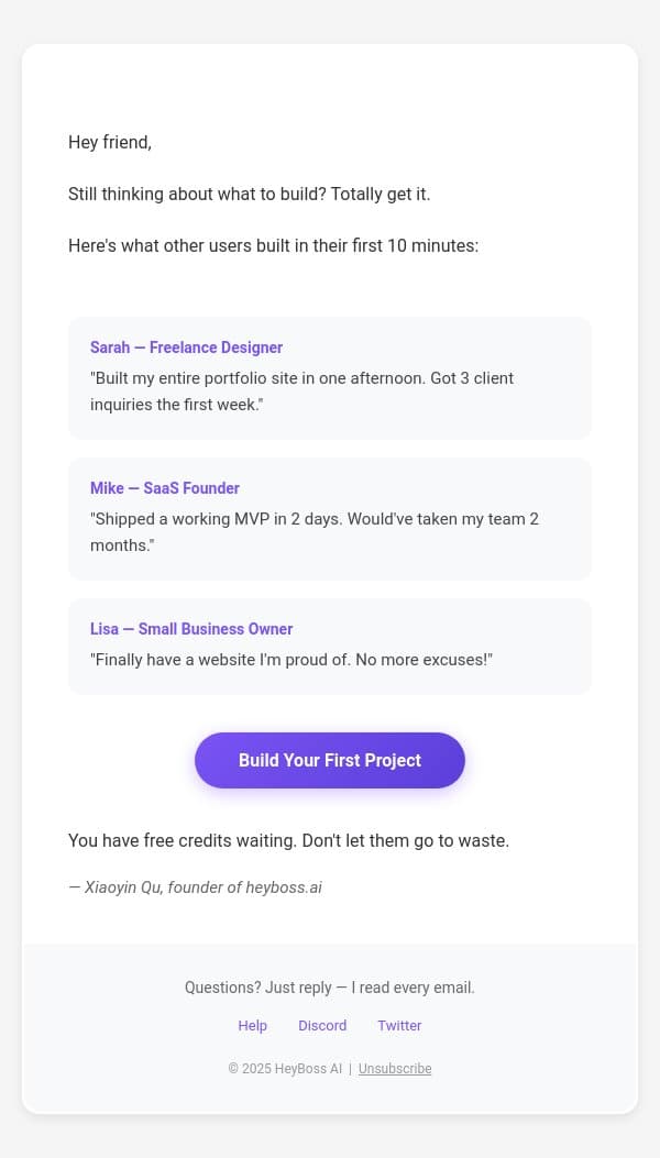 Still thinking? email from HeyBoss screenshot