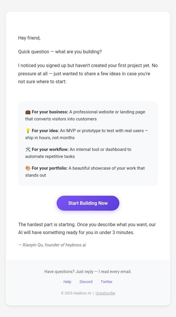 Quick question... email from HeyBoss screenshot