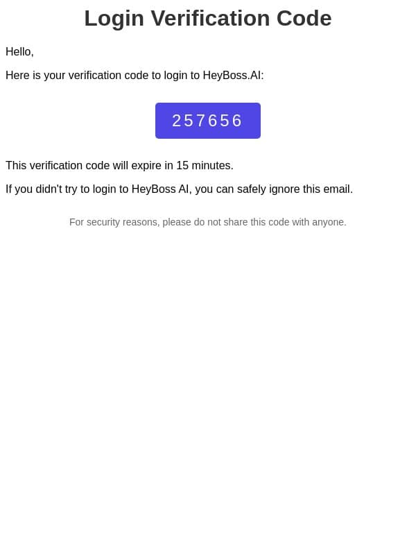 Your HeyBoss.AI Login Verification Code email from HeyBoss screenshot