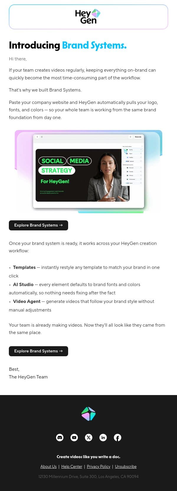 New for teams: scalable brand consistency with Brand Systems email from HeyGen screenshot