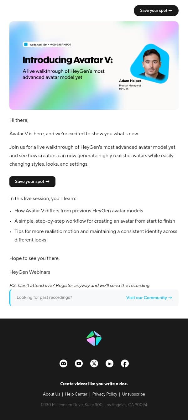 You’re invited: Join us for a live walkthrough of Avatar V email from HeyGen screenshot