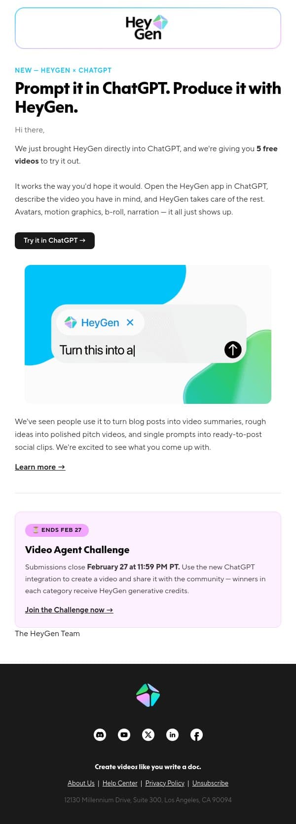 HeyGen × ChatGPT. Make videos from a prompt. email from HeyGen screenshot