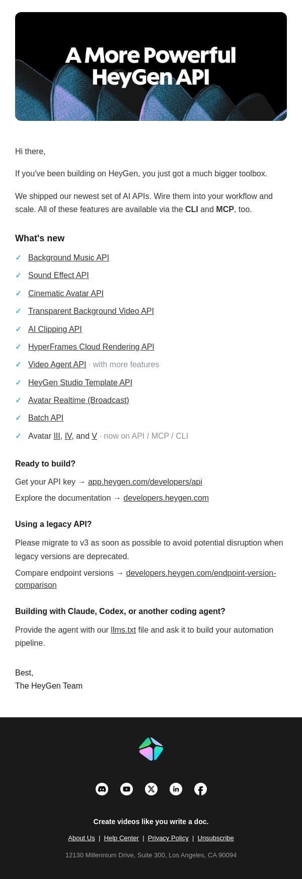 Build more with HeyGen, new APIs are live email from HeyGen screenshot