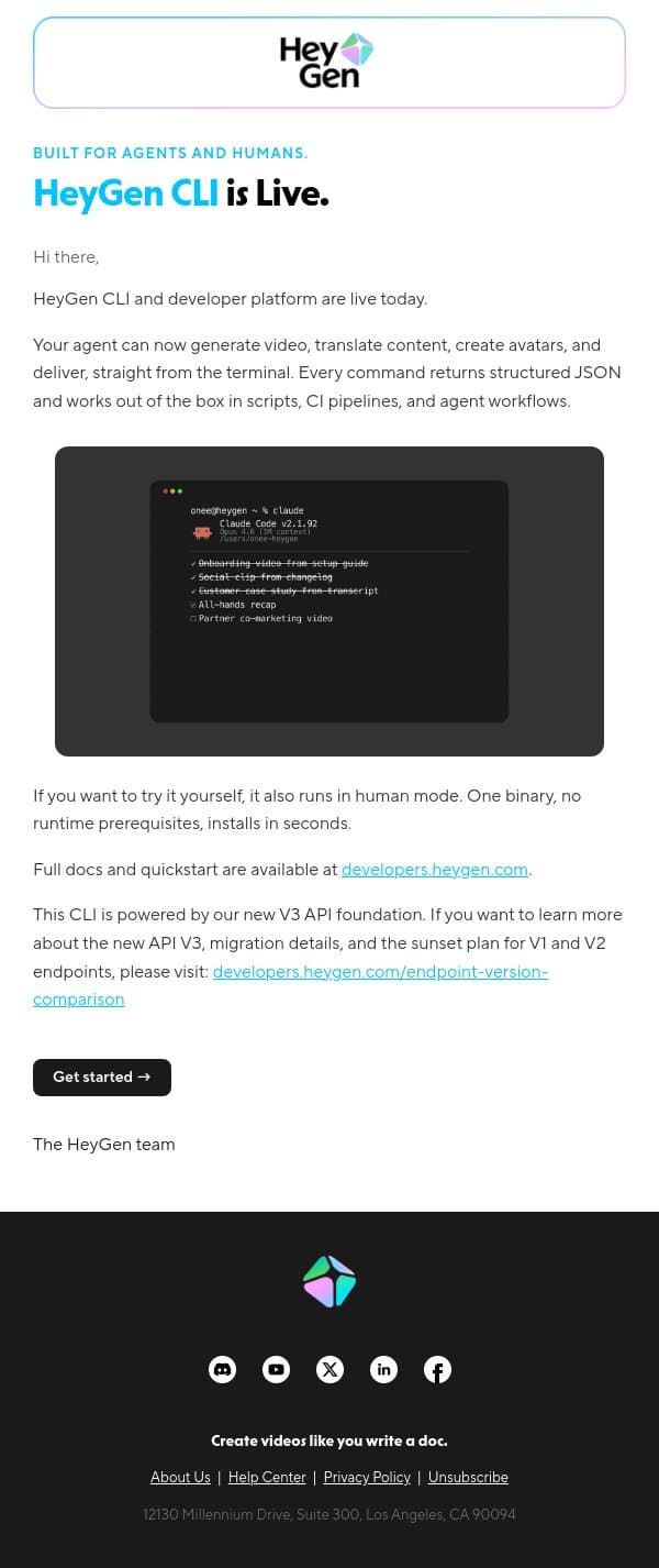 HeyGen CLI is live: built for agents and humans. email from HeyGen screenshot