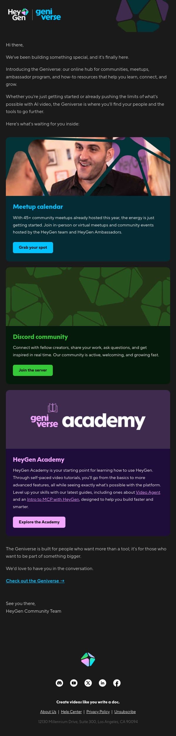 Explore the Geniverse email from HeyGen screenshot