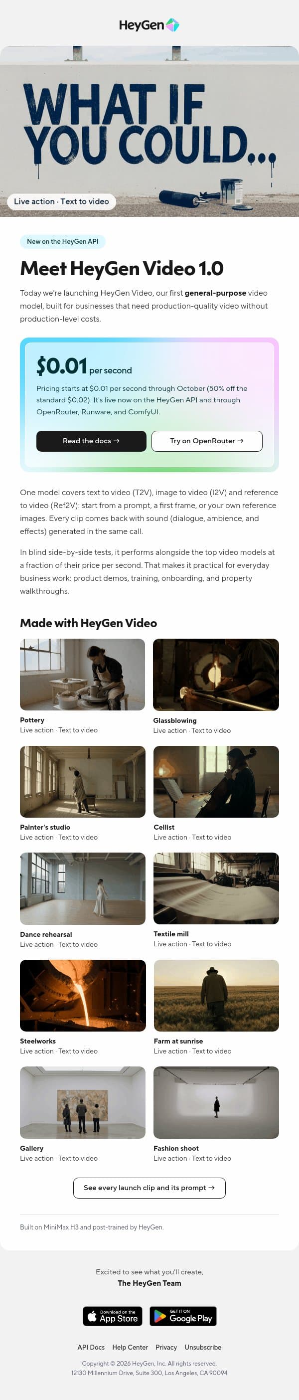 HeyGen Video 1.0 is live on the API email from HeyGen screenshot