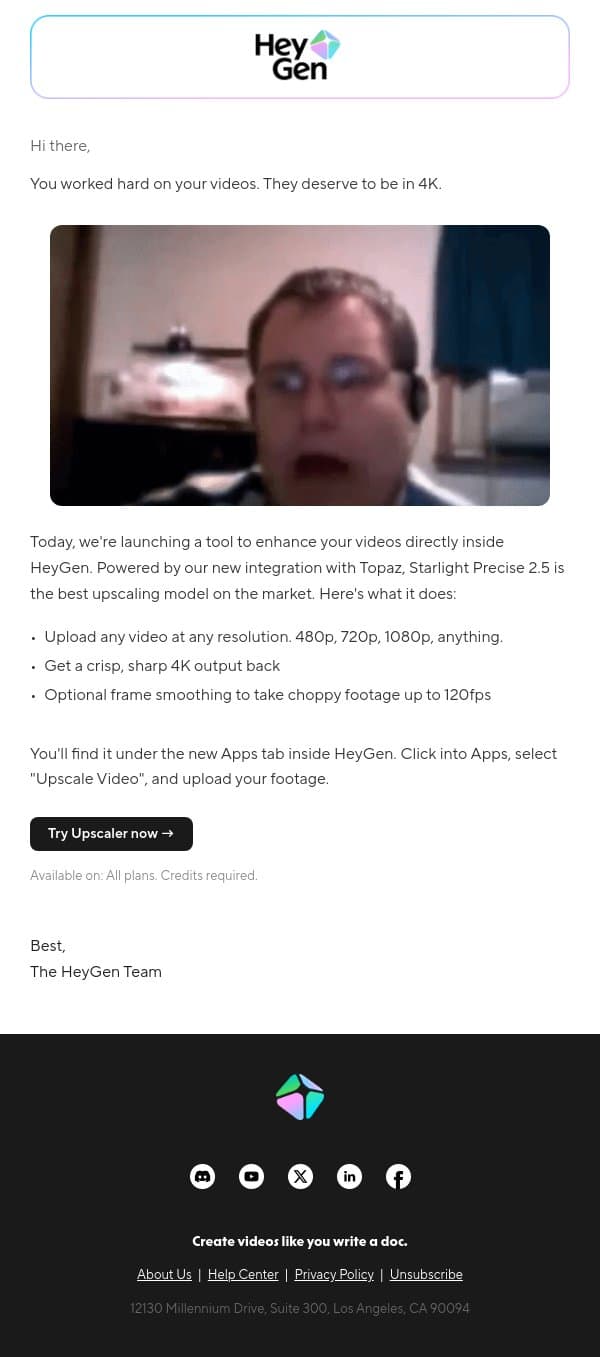 New! Enhance any video to 4K quality email from HeyGen screenshot
