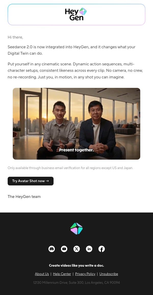 Seedance 2.0 is live on HeyGen! email from HeyGen screenshot