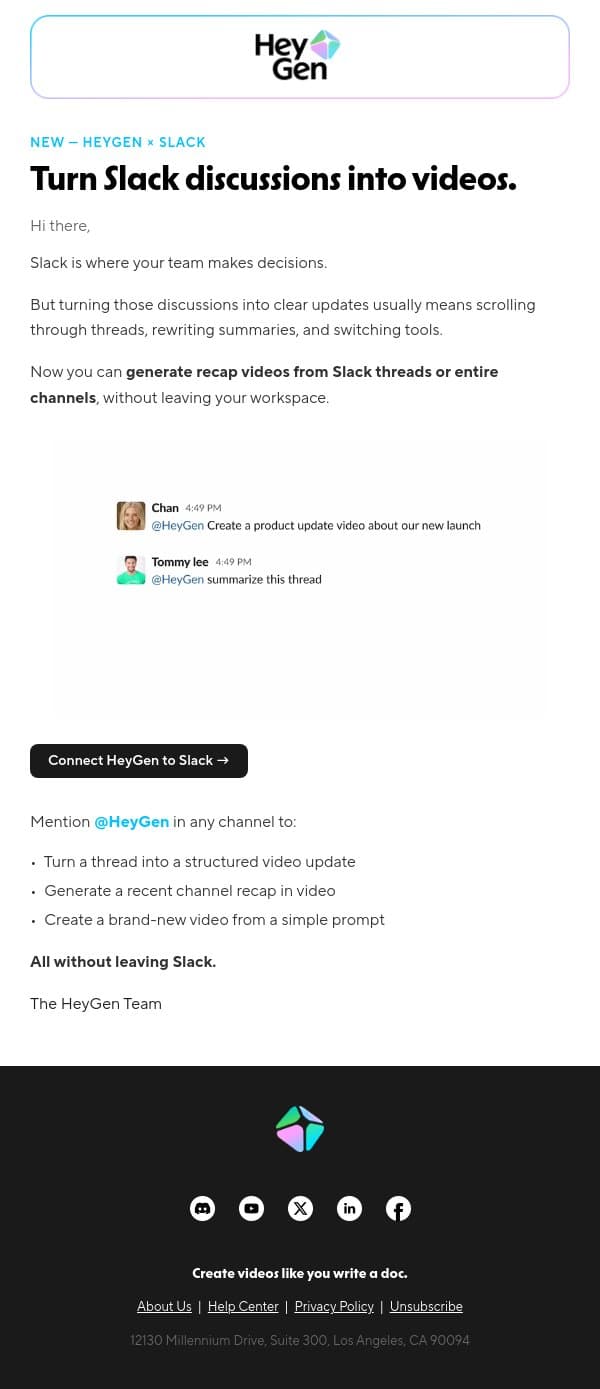 Slack + HeyGen: Turn Slack discussions into videos email from HeyGen screenshot