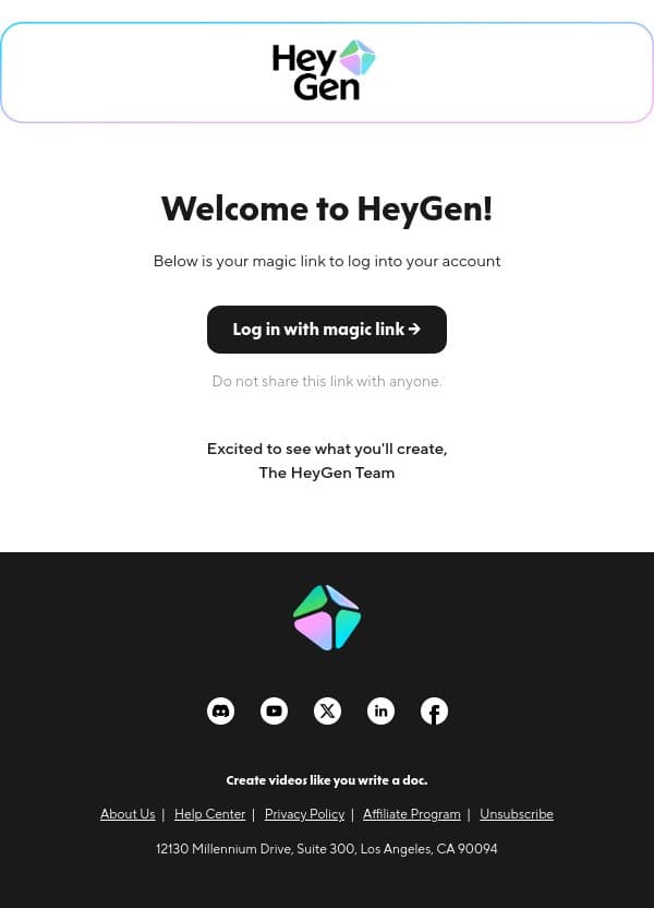 Your HeyGen Magic Link email from HeyGen screenshot