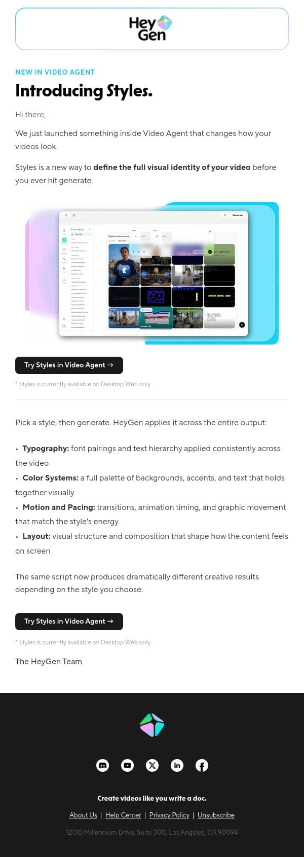 New: Styles for Video Agent email from HeyGen screenshot