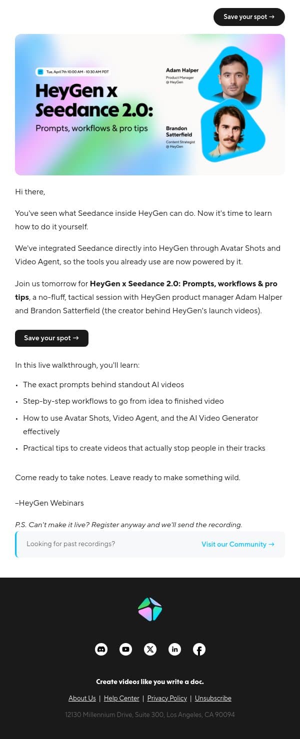 [Webinar] HeyGen x Seedance 2.0: Prompts, workflows & pro tips email from HeyGen screenshot
