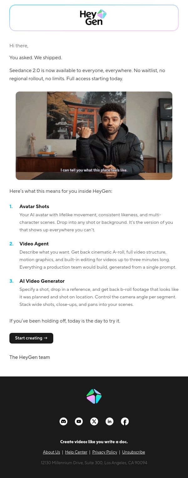 You’re in. Seedance 2.0 is now live for everyone! email from HeyGen screenshot