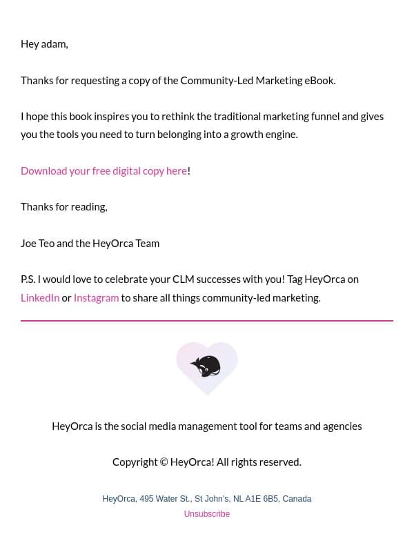 The CLM eBook you requested email from HeyOrca screenshot