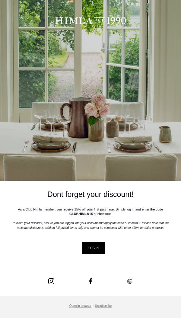 Don't forget your discount! email from Himla screenshot