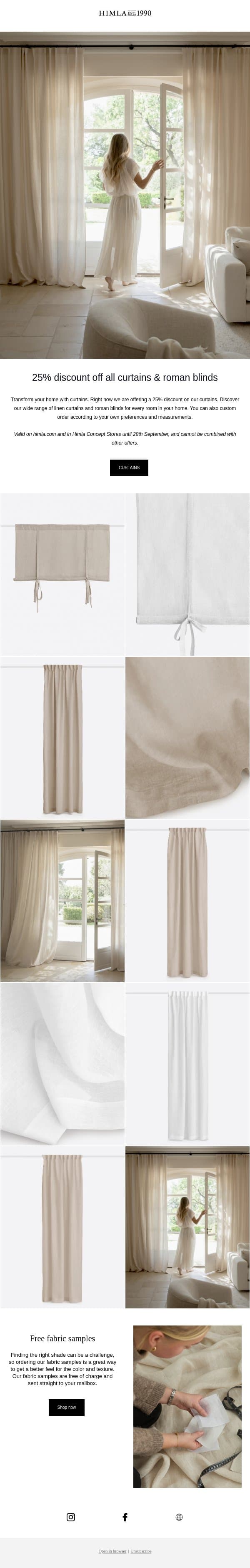 25% discount off all curtains & roman blinds email from Himla screenshot