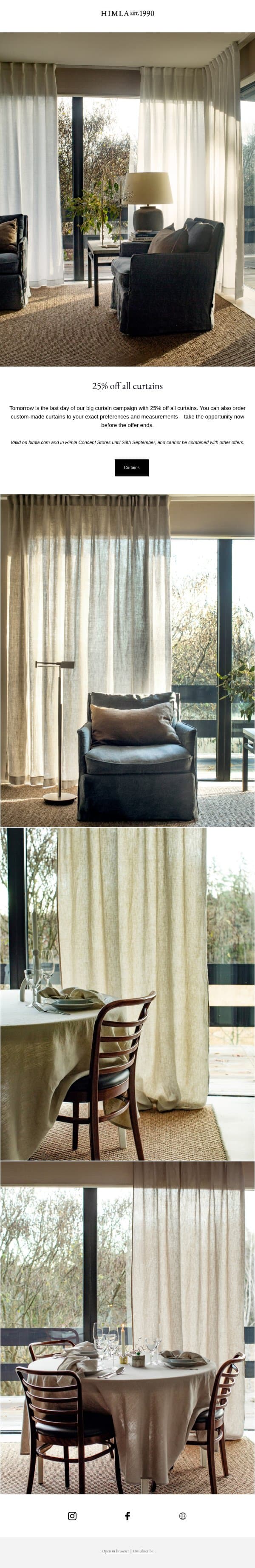 Last chance: 25% off all curtains! email from Himla screenshot