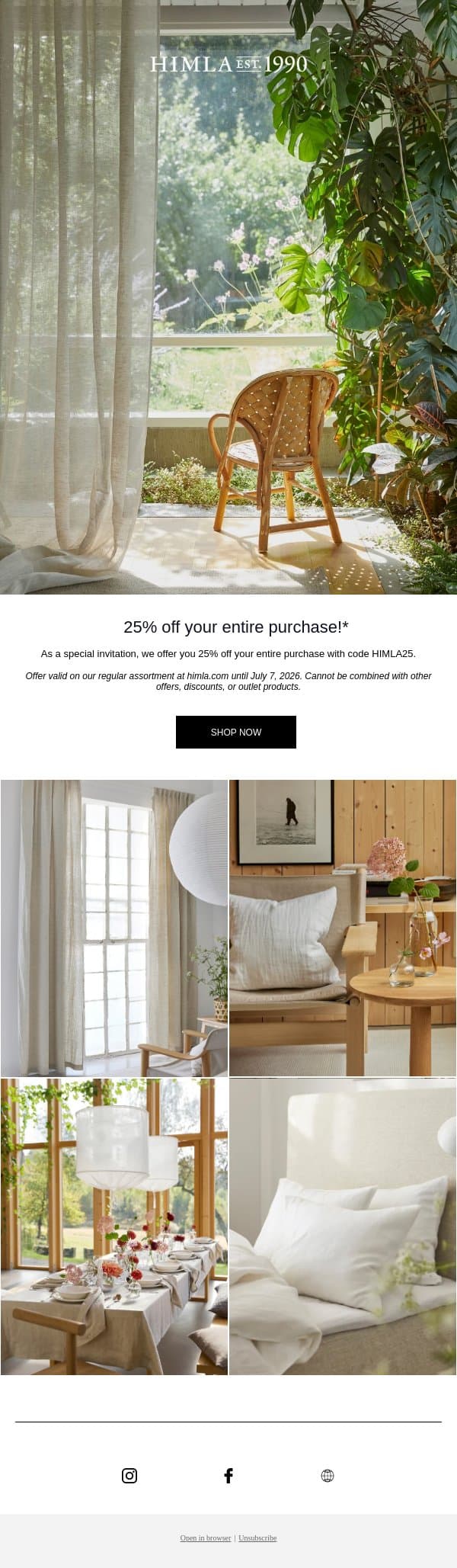 25% off your entire purchase! email from Himla screenshot