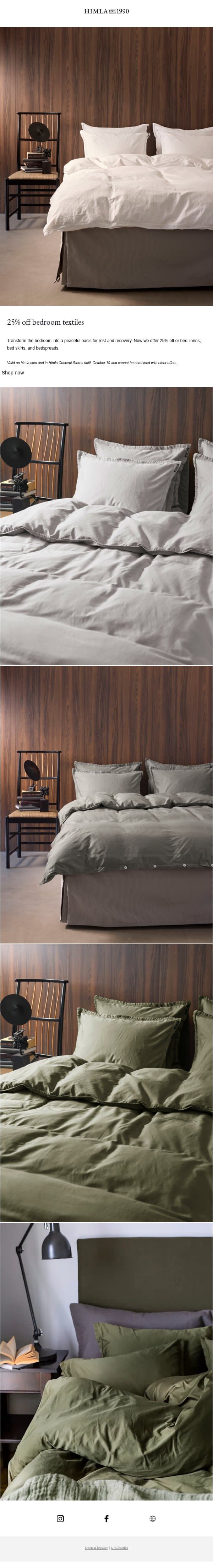 25% off bedroom textiles email from Himla screenshot