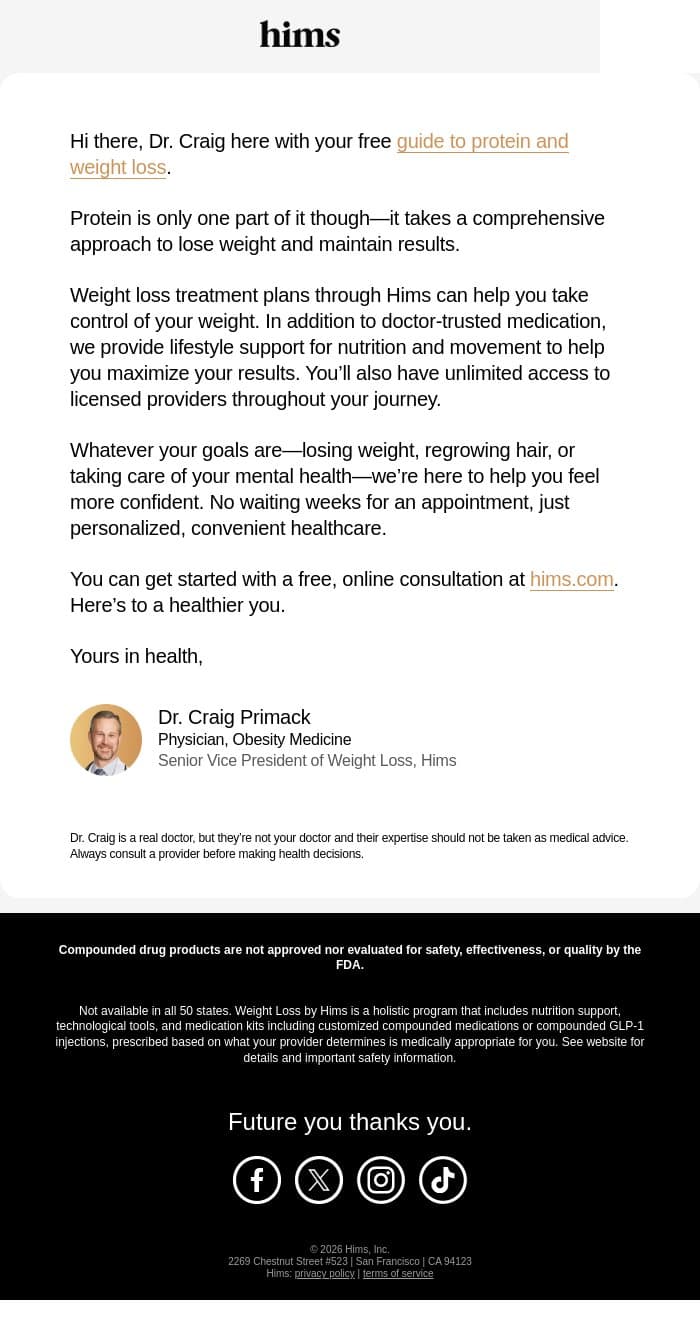 Your free guide to protein and weight loss is inside email from Hims screenshot