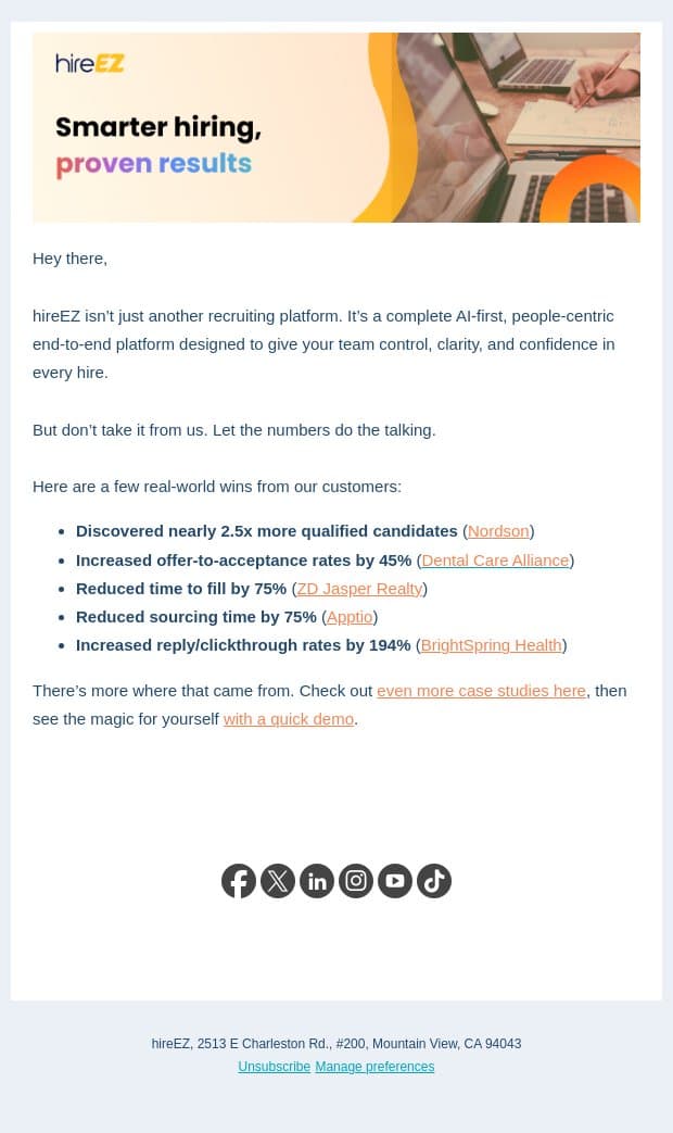Smarter hiring, proven results email from HireEZ screenshot