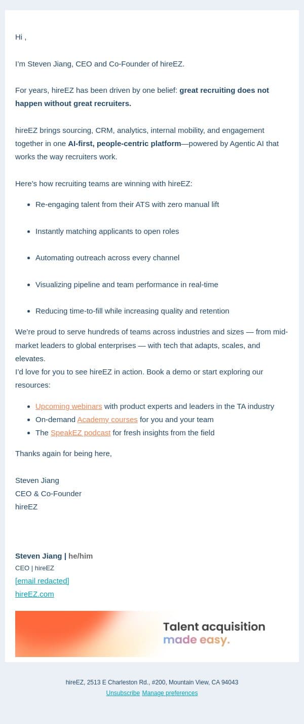 A better way to hire — from start to finish email from HireEZ screenshot