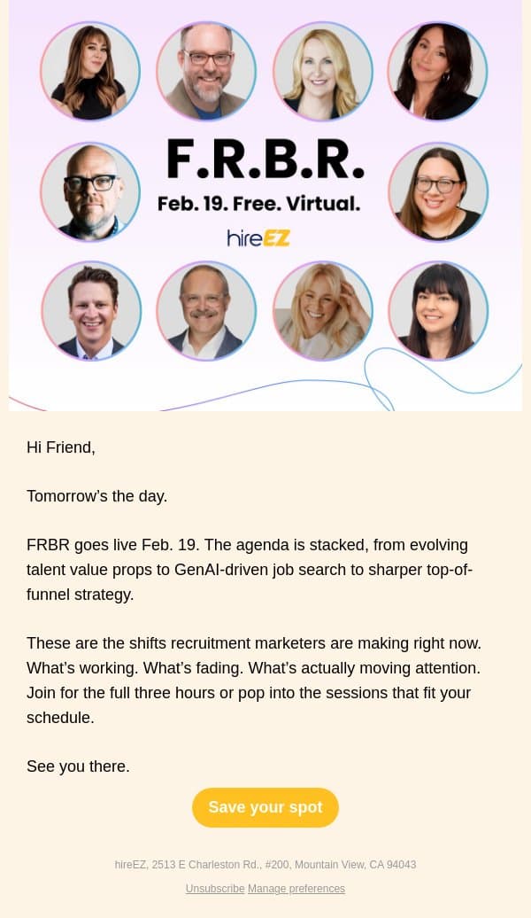 Tomorrow. FRBR goes live. email from HireEZ screenshot