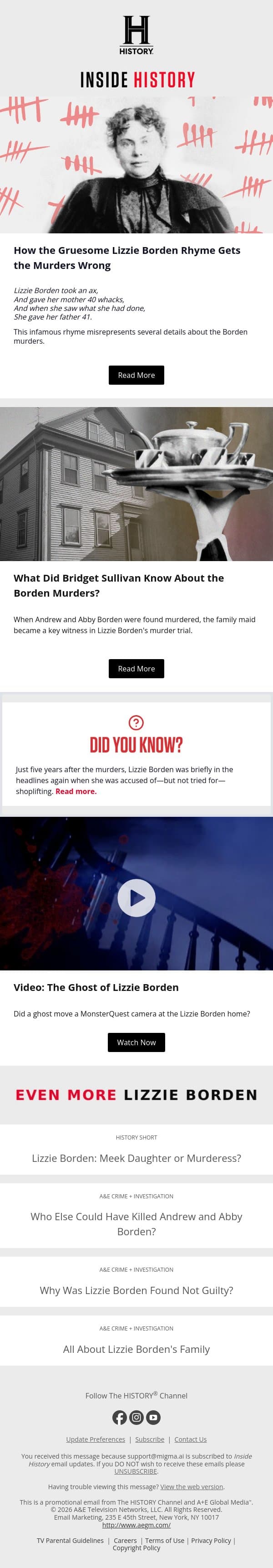 Did Lizzie Borden Get Away With Murder? email from History screenshot