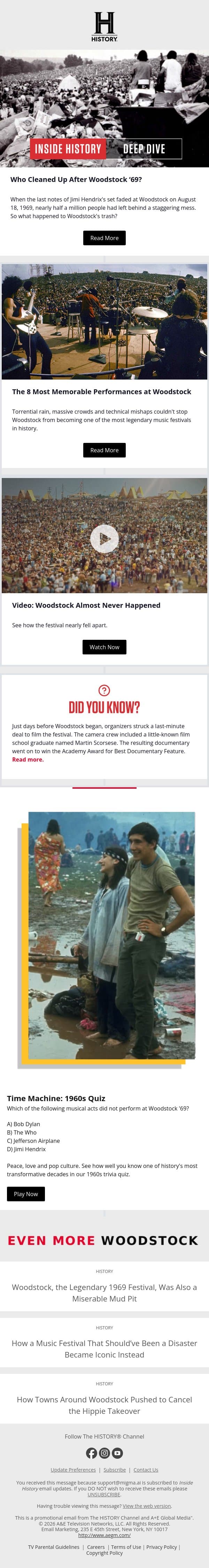 Who Cleaned Up After Woodstock ‘69? email from History screenshot