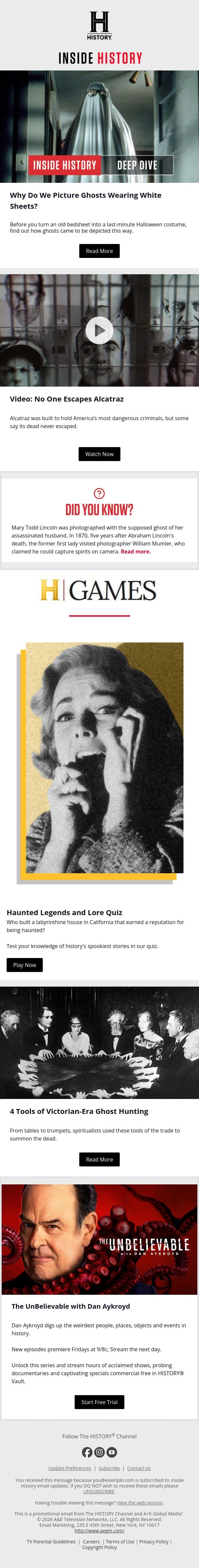 Why Do Ghosts Wear White Sheets? email from History screenshot