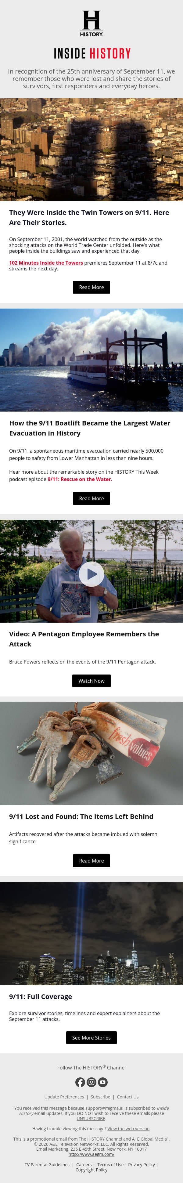 Remembering 9/11: Stories From Those Who Were Inside the Towers email from History screenshot