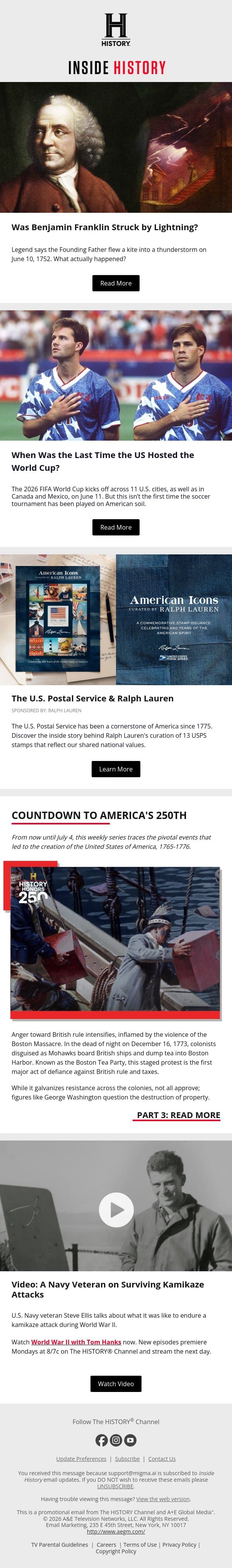 Was Benjamin Franklin Struck by Lightning? email from History screenshot
