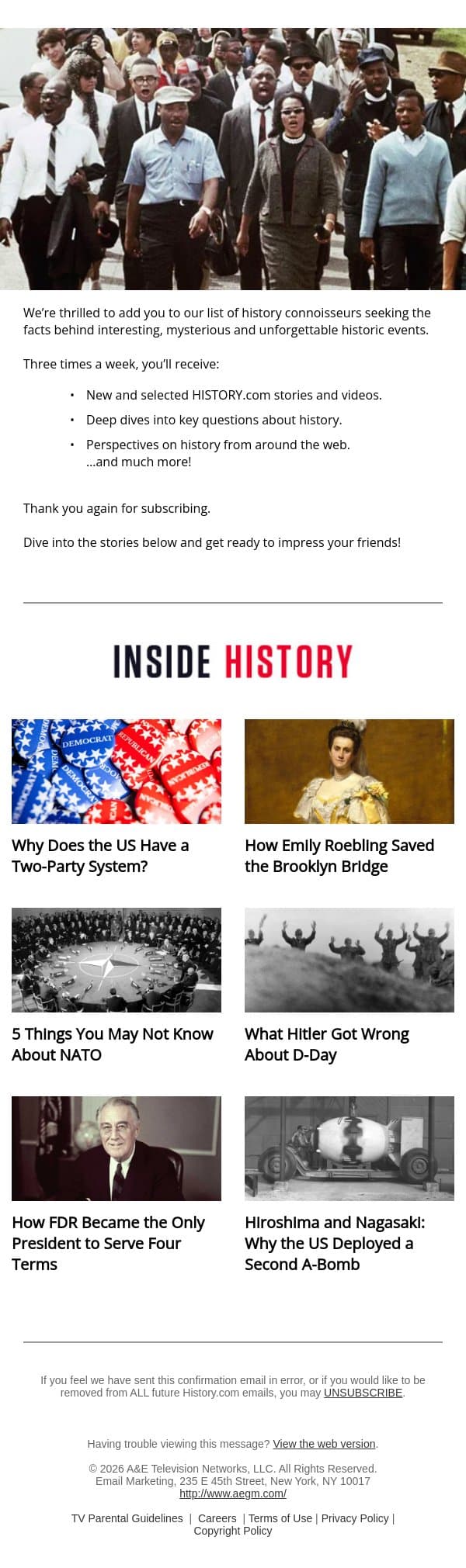 Thank you for subscribing! email from History screenshot