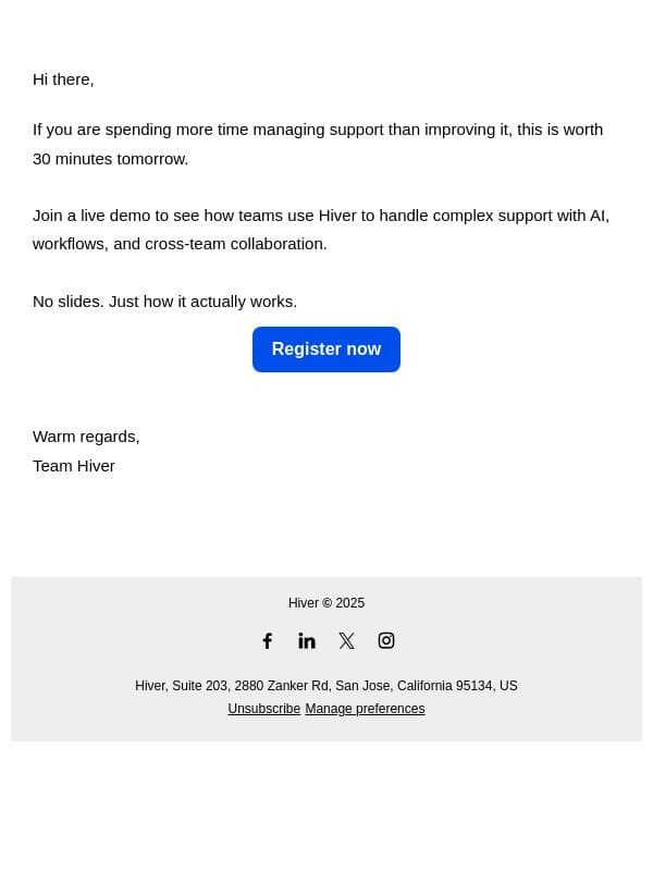 Tomorrow: join Hiver's live demo session email from Hiver screenshot