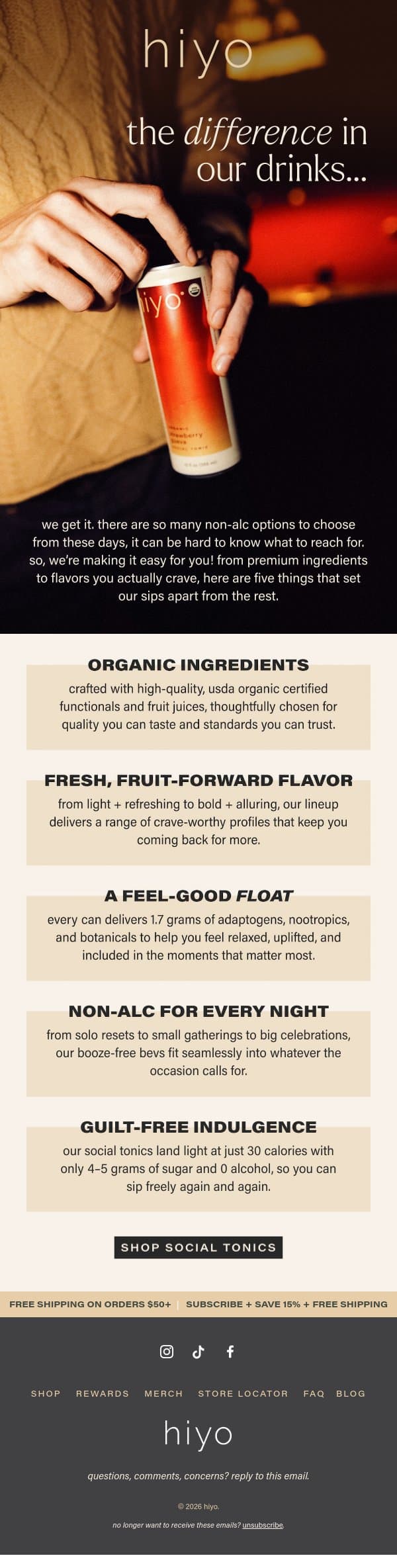 DRINKS BUILT DIFFERENTLY. email from Hiyo screenshot