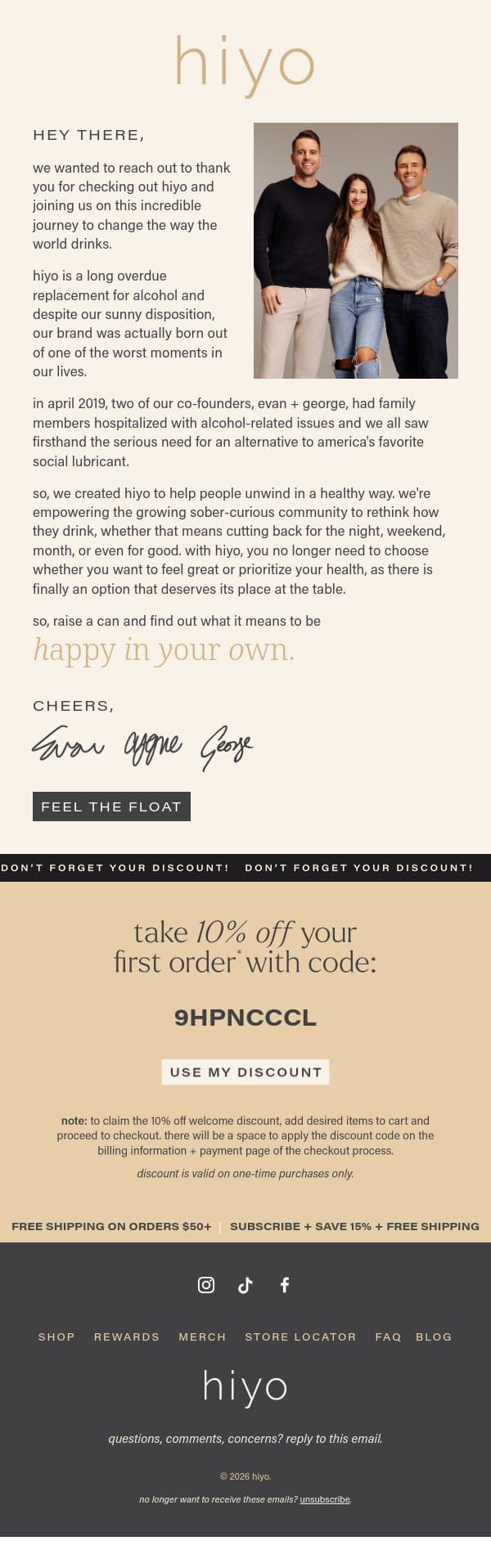 A NOTE FROM OUR FOUNDERS… email from Hiyo screenshot