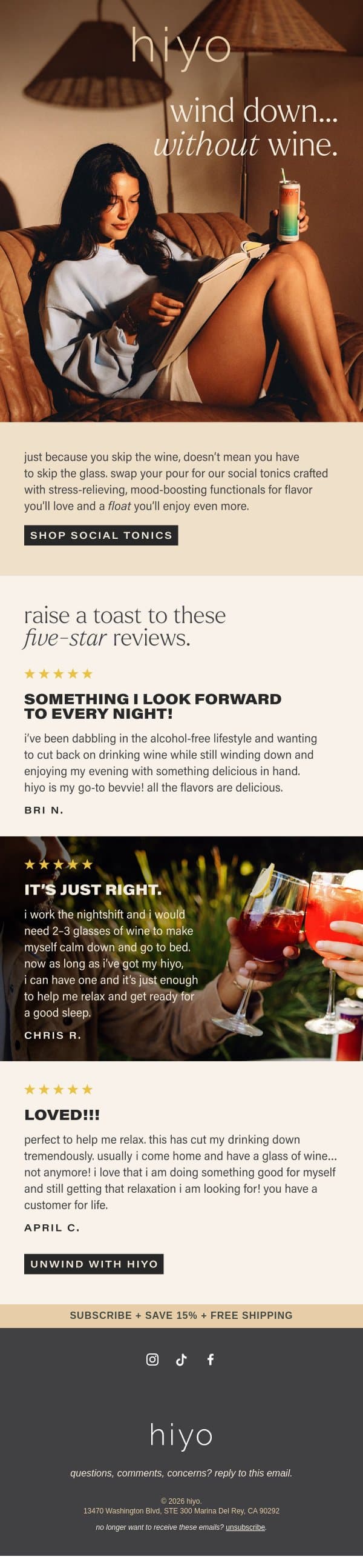 RELAX AND UN-WINE-D. email from Hiyo screenshot