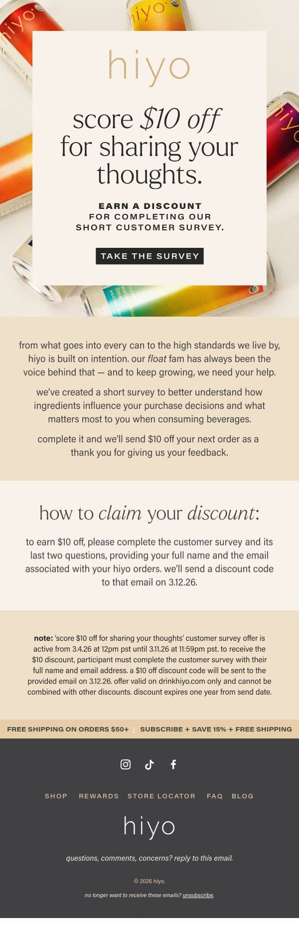 SHARE YOUR THOUGHTS, SCORE $10. email from Hiyo screenshot