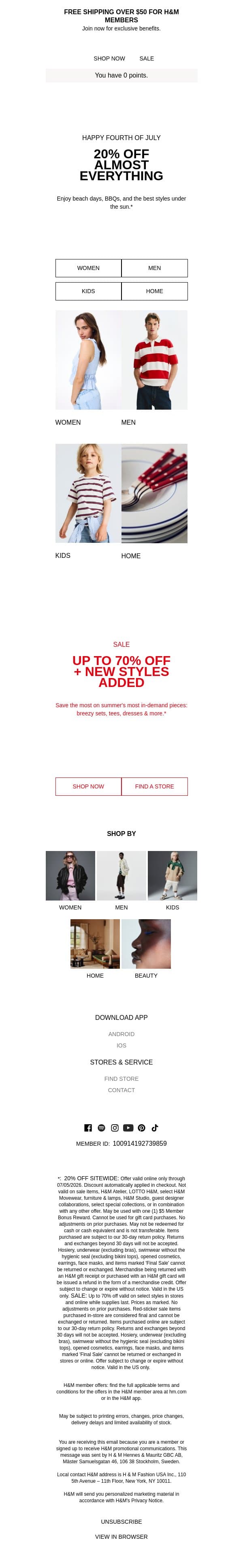 The main event: 20% off 'til tomorrow email from H&M Kids screenshot