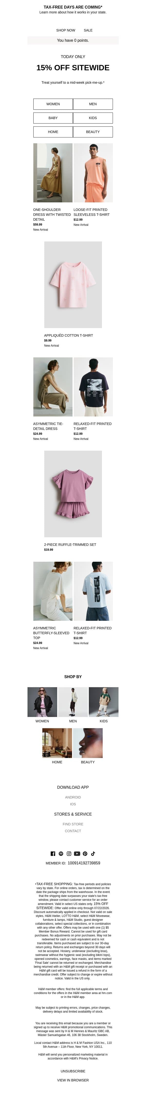 Today only: 15% off sitewide email from H&M Kids screenshot