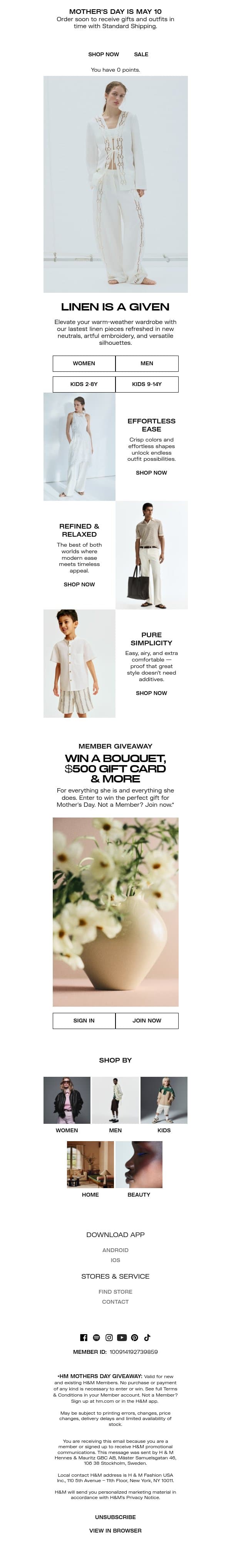 Linen is always the answer email from H&M Kids screenshot