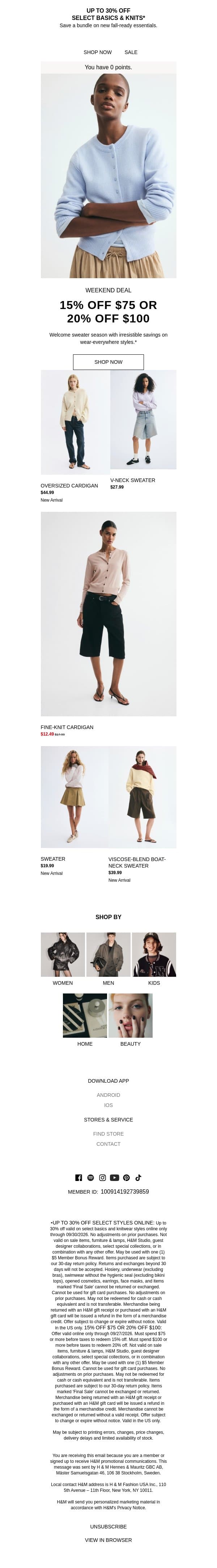 Up to 20% off = cardi party email from H&M Kids screenshot