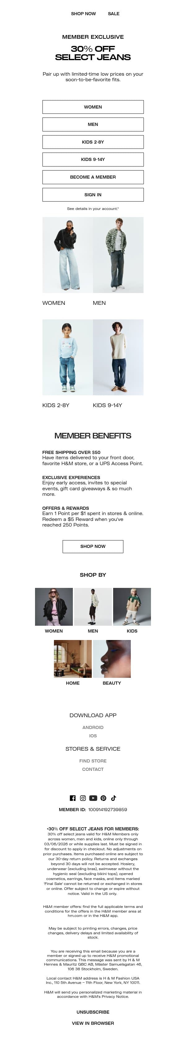 30% off new-season jeans email from H&M Kids screenshot