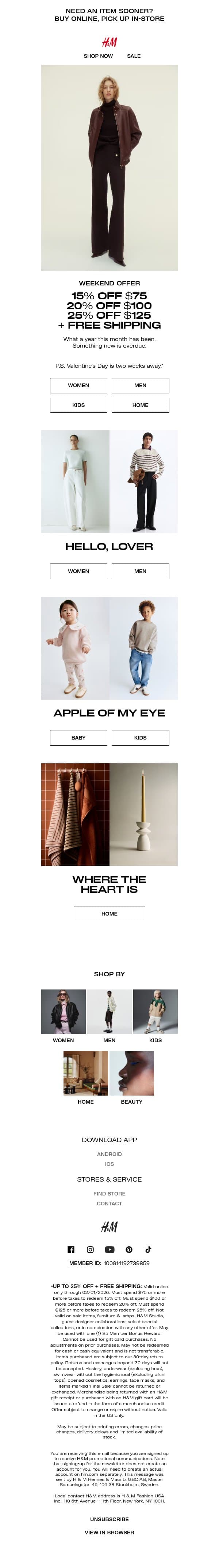 15%, 20% or 25% off all weekend email from H&M Kids screenshot