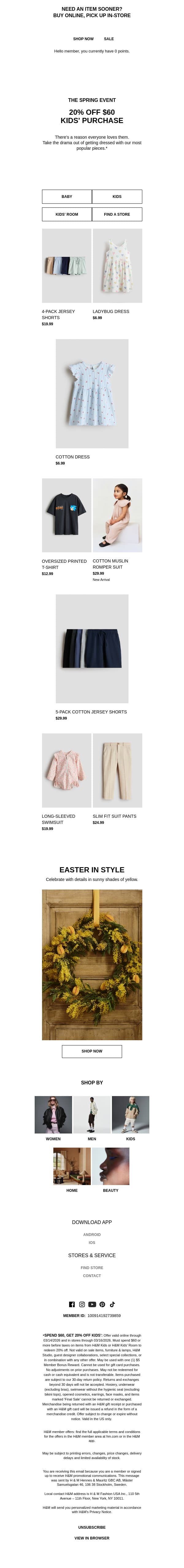 Spring it on with 20% off kids' bestsellers email from H&M Kids screenshot