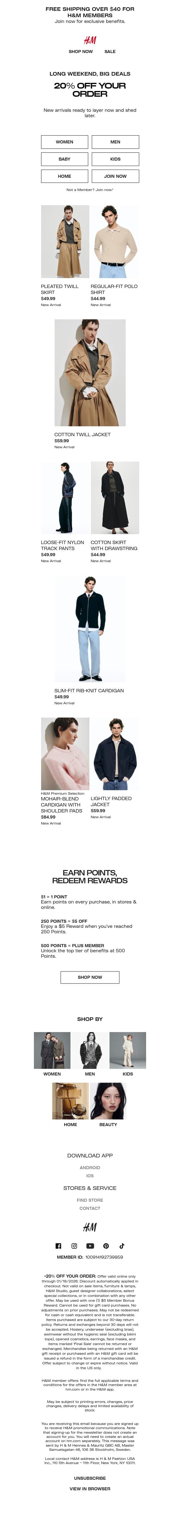 Plans include 20% off everything email from H&M Kids screenshot
