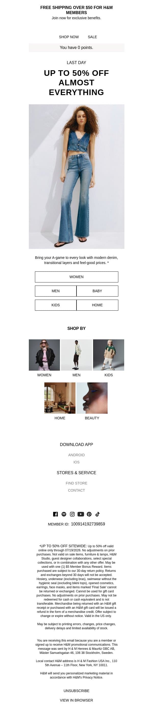 Up to 50% off sitewide ends tonight email from H&M Kids screenshot