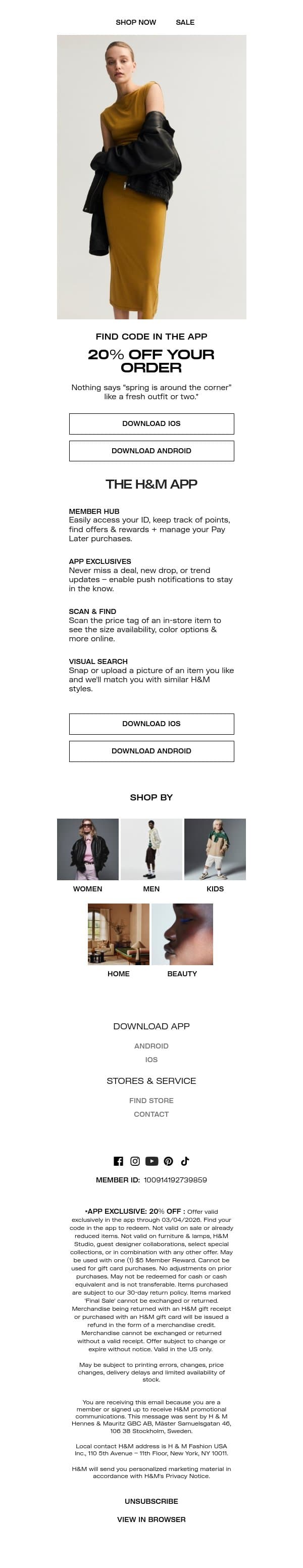 App exclusive: 20% off today only email from H&M Kids screenshot