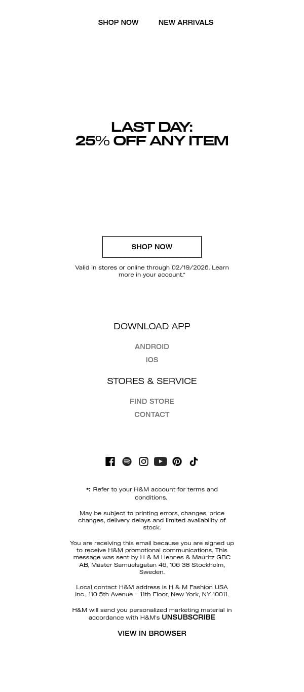 25% off any item ends tonight email from H&M Kids screenshot