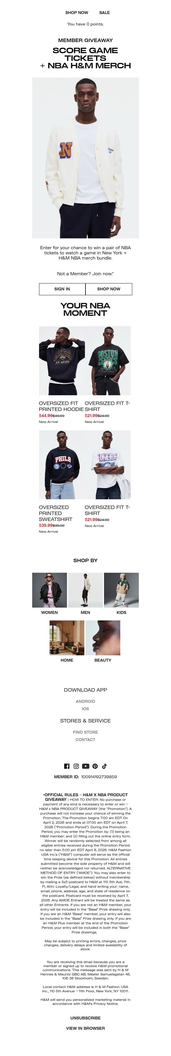 Shoot your shot: NBA tickets + merch giveaway email from H&M Kids screenshot
